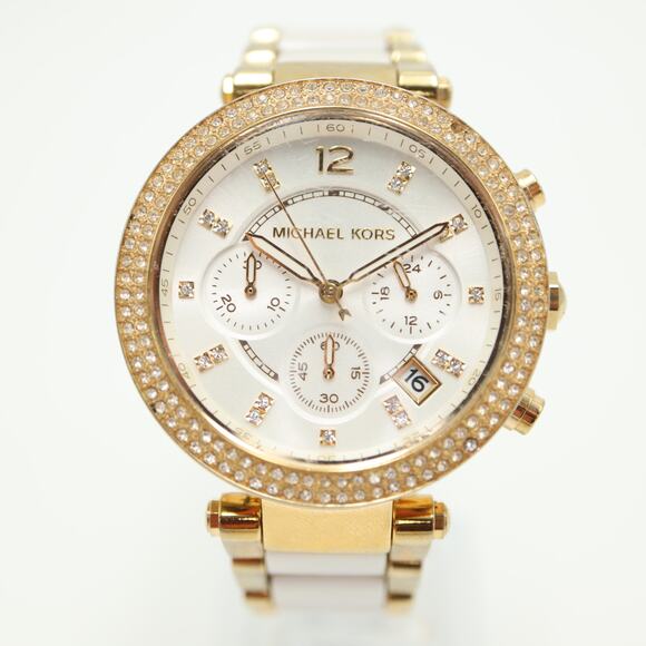 Michael Kors Womens White Gold Tone Chronograph Watch 39mm with New Battery - Picture 5 of 16